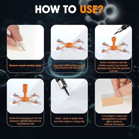 Step-by-step instructions for using the 2 Pack Windshield Repair Kit With Enhanced Injection Head for scratches, cracks, and chips.