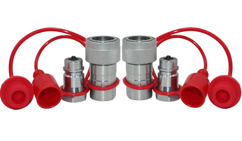 1/2 Inch Hydraulic Quick Connect Tractor Couplers With Red Dust Caps, Poppet Valve, Pioneer Style ISO 5675, 2-pack