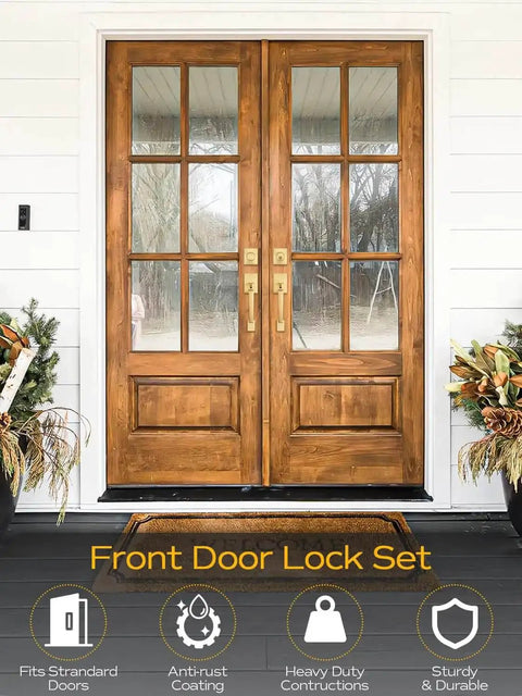 Double Front Door Handle Set With Satin Brass Exterior Lock Front Door Handle And Single Cylinder Deadbolt installed on wooden doors