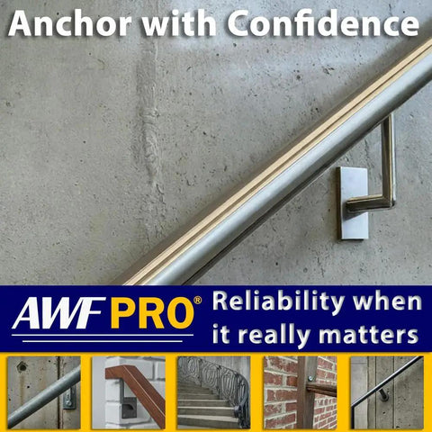 Handrail anchored into concrete using Two Component Rapid Set Epoxy Adhesive For Anchoring Threaded Rods And Reinforcing Bars In Uncracked Concrete 20.2 Oz Fast 9 Minute Gel Time And 12600 Psi Full Cure For Heavy Duty Concrete Projects Tough As Nails AWF PRO
