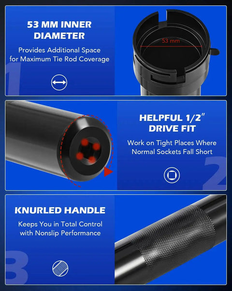 Close-up of Inner Tie Rod Removal Tool Kit With 12 Crowfoot Adapters One Half Inch Drive features and knurled handle.