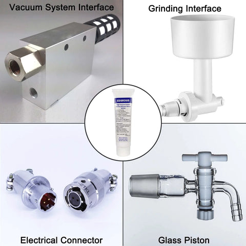 EDSRDUS SG01A vacuum grease tube; collage shows vacuum interface, electrical connectors, glass piston.
