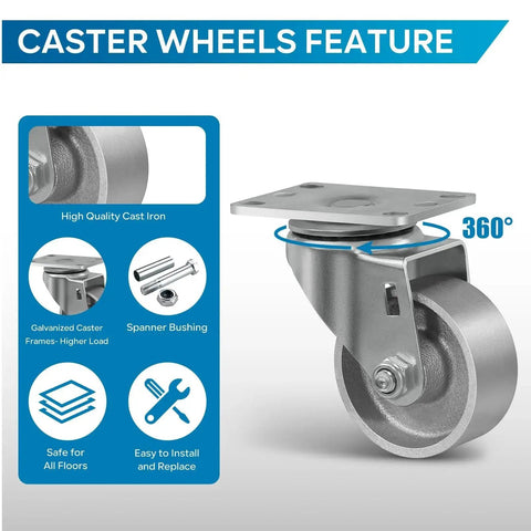 Industrial Casters Set Of 4 3x1.25 Inch Heavy Duty Steel Wheel Casters With 1400 Lb Capacity, swivel feature and installation guide