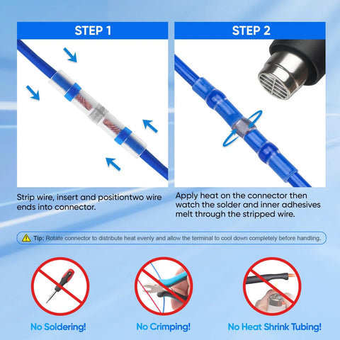 TICONN 150 PCS solder-seal blue heat-shrink wire connectors in a two-step diagram: Step 1 strip/insert, Step 2 heat-solder.