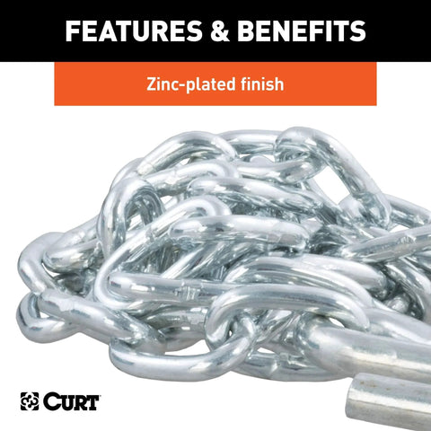 Zinc-plated CURT 48 Inch Trailer Safety Chain with Three Eighths Inch S Hooks for towing security.