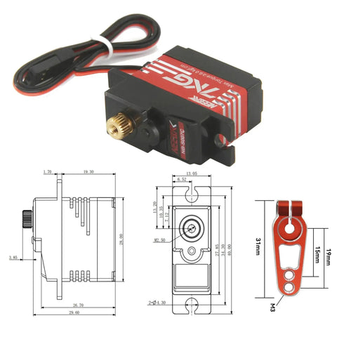 Beefy 7Kg Digital RC Servo With Full Metal Gear Ultra Durable High Torque Micro Servo with 25T Arm and dimensions.