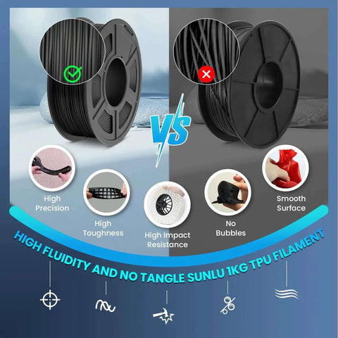 Comparison of high precision 4 Pack TPU 3D Printer Filament Bundle 1.75mm Flexible High Speed 95A Black Filament with competitor