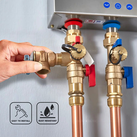 Midline GUHW-QSW256 pressure relief valve, forged brass, 3/4 in FIP x MIP, installed on copper lines
