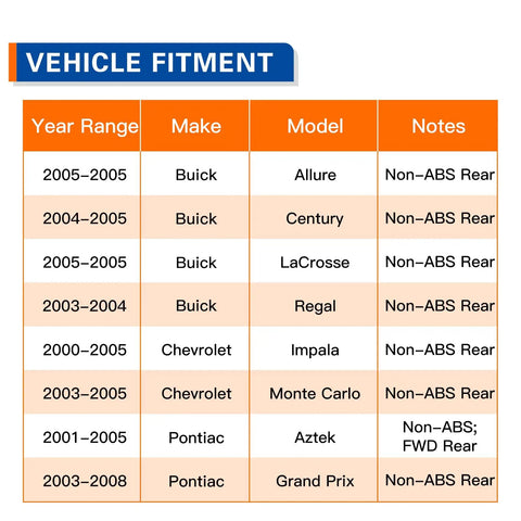 Vehicle fitment chart for Rear Wheel Hub Bearing Assembly Direct Fit For Buick Allure Lacrosse Century Regal Impala Monte Carlo Aztek