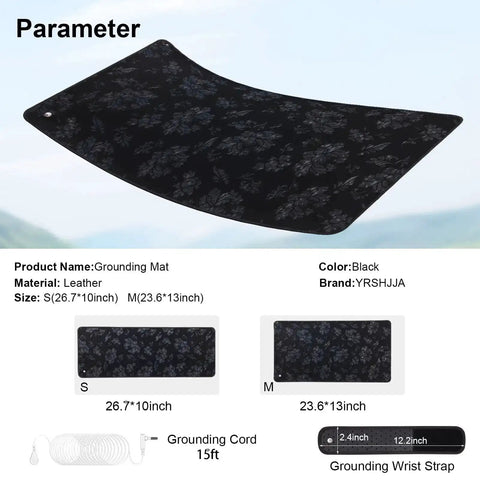 Universal Grounding Mat Kit With Wrist Strap For Sleep Boost, Pain Relief, Inflammation Reduction, And Balance, 23.6 By 13 Inch, 3D Contact Design shown with parameters and features info.