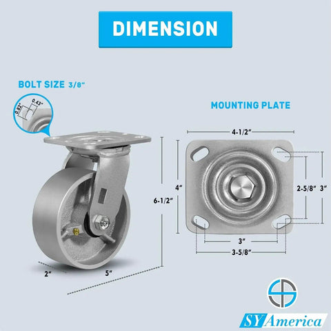 Dimensions of Heavy Duty Cast Iron Caster Wheels Set Of Four 5 Inch By 2 Inch Swivel Casters With 4400 Lb Load Capacity