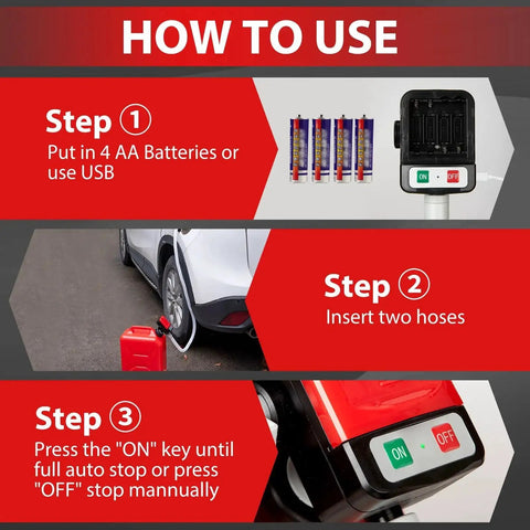 Instructions for Portable Fuel Transfer Pump Auto Stop 3.2 GPM 4 Adapters Battery Or USB Power, showing steps 1 to 3.