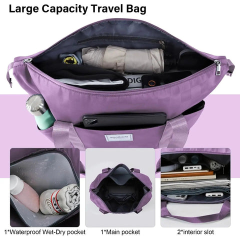 Inside view of lavender checkerboard expandable rolling duffel bag with wheels, showing multiple compartments and easy access pockets.