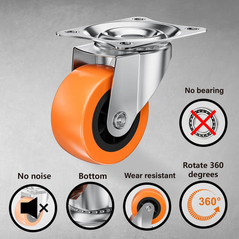 1.5" Casters Set of 8 - Swivel Plate Universal Caster Wheels, Orange Polyurethane (PU), 360° Rotation for Storage Box, Small Furniture, and Kitchen Appliances - Canadian Ball Bearing Supplier.