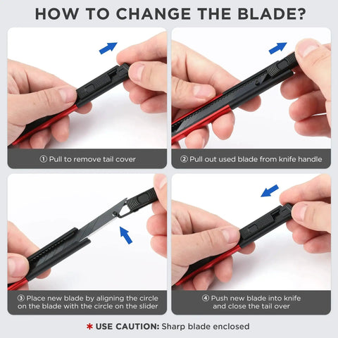 Instructions for changing blade on Retractable Utility Knife With 10 Extra 9mm Blades And Aluminum Cutter Pack 5