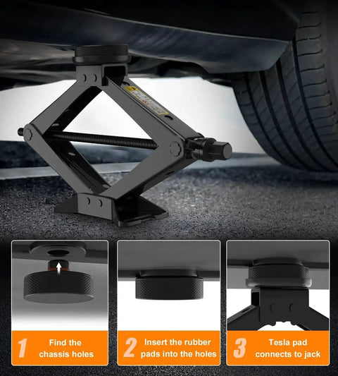 4 Pcs Pucks Floor Jack Pads For 2016 To 2025 Models 3 Y S X With Storage Bag installed on Tesla with floor jack setup