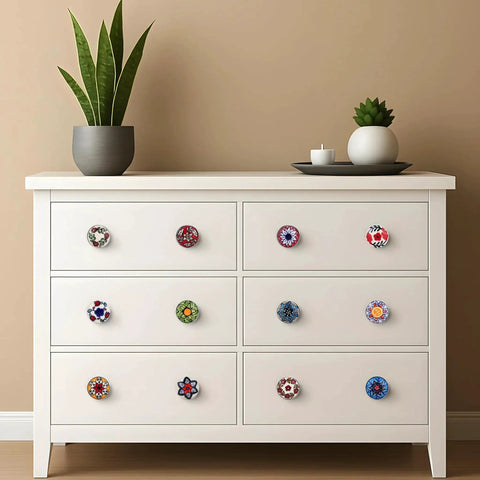 Set Of 12 Multicolor Ceramic Knobs Hand Painted For Cabinets, Furniture, Doors And Drawers 2.55 Inch Height And 1.5 Inch Diameter