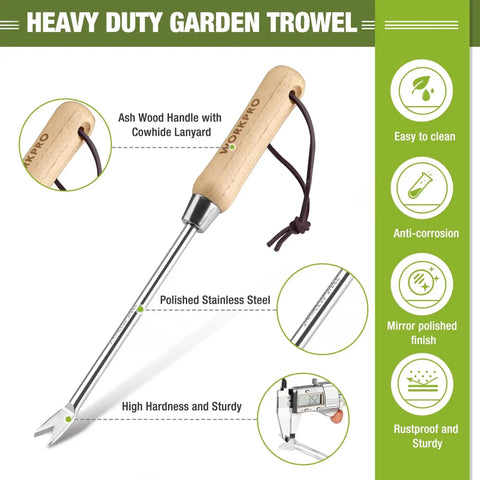 Two Pronged Dandelion Weeder Puller Tool With Wood Handle Stainless Steel Garden Weed Remover shown with features description