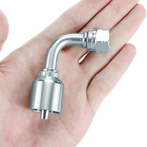 QWORK 1/4-inch JIC 37° hydraulic elbow fitting, 90-degree metal connector held in hand