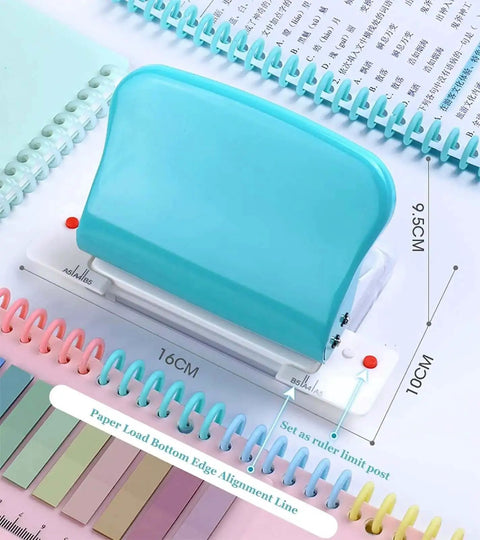 10 Hole Puncher For Loose Leaf Paper, Handheld Metal Circle Punch Tool for A4 A5 B5 Notebooks, blue with ruler alignment feature.