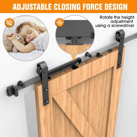 Soft Close Barn Door Kit For Sliding Systems And Flat Track With Buffer Damper Anti Slam Mechanism Quiet Operation 88 To 132 Lb Per Door Hole Free Upgrade Version Heavy Duty Set Of Two Premium Quality shown installed on wooden door with adjustable closing force design.