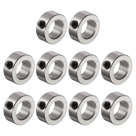 10 Piece Set Screw Shaft Collars Kit With 7.05mm Bore, 12mm Outer Diameter, 5mm Thickness, Nickel Plated Carbon Steel, arranged in rows.