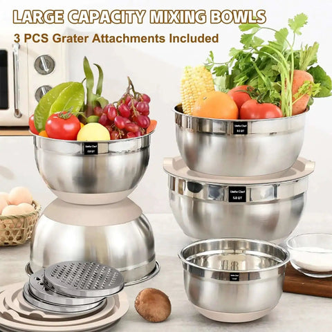 Eight Piece Khaki Stainless Steel Nesting Mixing Bowls With Airtight Lids And Three Grater Attachments For Slicing Grating And Shredding Non Slip Bottoms Great For Mixing And Serving In 5 Qt 4 Qt 3.5 Qt 2 Qt And 1.5 Qt shown with vegetables and grater plates.