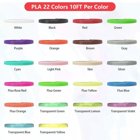 22 Color PLA 1.75mm 3D Pen Filament Refills Pack, 10 Feet Per Color, color samples showing 22 different PLA filament colors