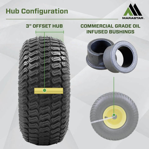 Front Tire And Wheel Assembly For Riding Lawn Mower 15x6.00-6 Tubeless 4 Ply Replacement Set Ready To Roll 3 Inch Offset Hub With Oil Infused Bushings Grease Fitting Yellow Rim 2 Pack Compatible With John Deere 100 And 300 Series image showing 3 inch offset hub and bushings