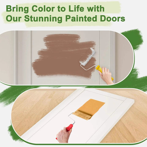 Person painting wooden doors with brown and yellow paint using rollers, showcasing door customization and design enhancement.