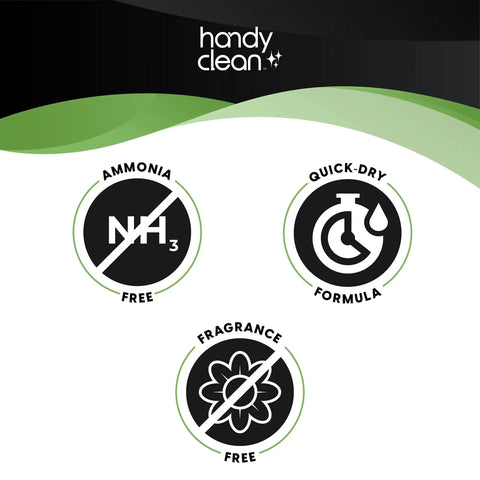 Icons showing ammonia-free, quick-dry formula, and fragrance-free features of Pre-Moistened Lens Wipes For Glasses And Screens 100 Count Individually Wrapped.