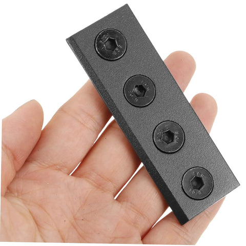 Smooth Barn Door Track Connector Heavy Duty Metal Bracket held in hand, showing black steel with screw holes for easy install.