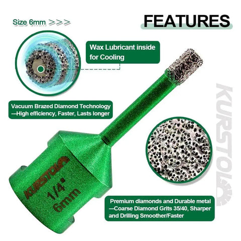 Diamond Core Tile Hole Saw Kit For Porcelain Ceramic Marble And Granite, close-up of 6mm diamond hole saw bit with features.