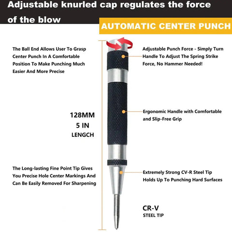 Two Pack Steel Automatic Center Punch With Adjustable Stroke, 5 Inch Length, Spring Loaded, Knurled Steel Handle, shown with features