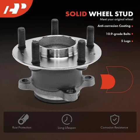 Rear Wheel Bearing And Hub Assembly For Mazda CX3 2016 2021 5 Lug Compatible RWD Replacement Built For A Smooth Ride Heavy Duty Load Capacity Durable Hub And No Nonsense Install Daily Driver Ready, close-up view of steel hub with 5 lugs and rust protection features.