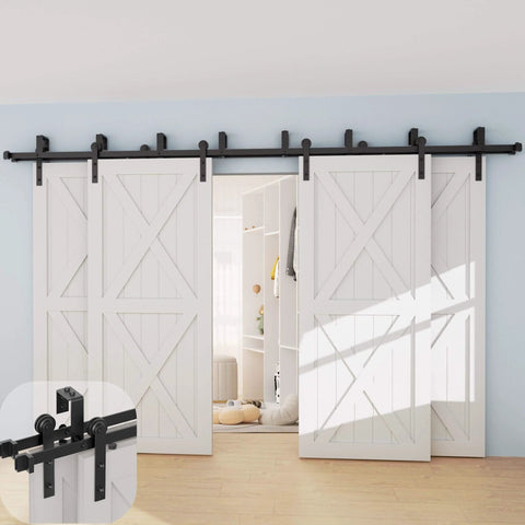 10 Foot Four Door Double Track Bypass Sliding Barn Door Hardware Kit For Interior Use With Rails And Rollers Installed