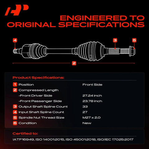 Diagram of Pair Of CV Front Axle Shaft Assemblies For Chevy Traverse 2009 To 2017, GMC Acadia 2007 To 2017, Buick Enclave 2008 To 2017, Saturn Outlook 2007 To 2010 Left And Right Replacements with specifications.