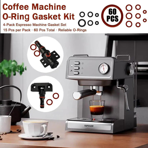 60Pcs Coffee Machine O Ring Seal Kit Silicone O Ring Replacement Set shown with espresso maker and gaskets