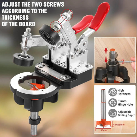 35mm Concealed Hinge Jig For Cabinets Aluminum Alloy Construction With 2 Quick Clamps shown adjusting for board thickness.