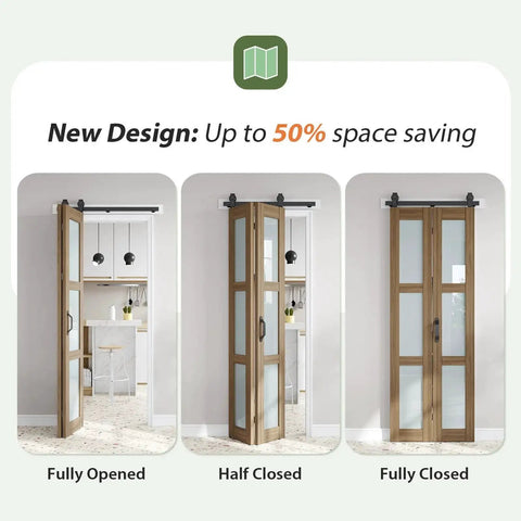 Three views of a Double 15x84 Frosted Glass Barn Door Set In Brown Finish Sliding Bifold Closet Doors showing open, half-closed, and closed.