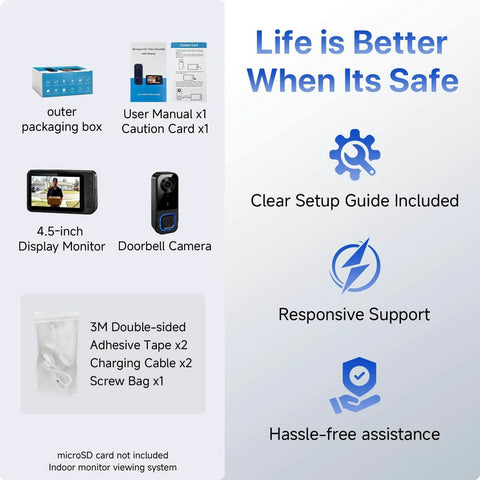 Wireless HD Video Doorbell With 4.5 Inch Indoor Monitor No WiFi Or App Needed Two Way Talk Night Vision Local SD Storage Ideal For Seniors And Apartments packaging and accessories