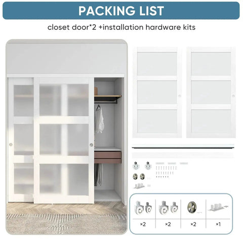 Sliding Closet Door Set 72 Inch High By 80 Inch Wide Double 37 Inch Panels With Three Lite Frosted Glass Bypass Design Includes Hardware Kit And Matching Fascia Pre Drilled Solid Wood Slab With Waterproof PVC Surface Easy Installation White