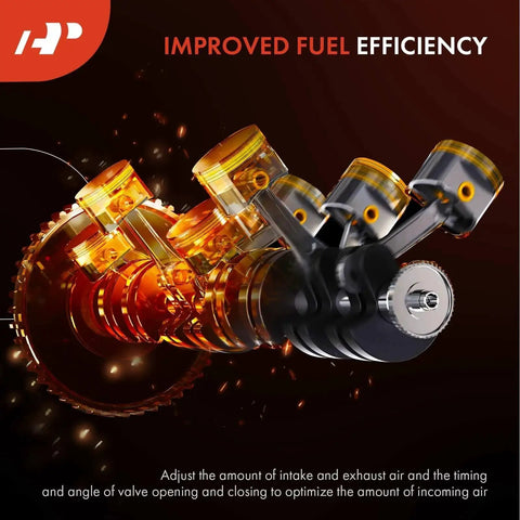 Illustration of engine components highlighting improved fuel efficiency with orange pistons and silver crankshaft detail