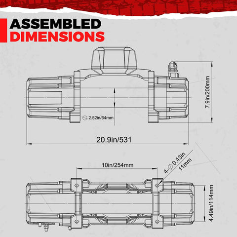 Assembled dimensions of Beast 13500Lb Waterproof Electric Winch With Synthetic Rope 12V For Truck And SUV Hawse Fairlead.