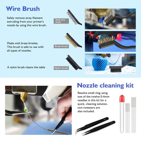 Wire brush and nozzle cleaning kit for 3D printers, steel and brass brushes, nylon brush, tweezers, needle set for maintenance