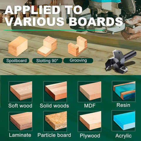 Slab Flattening Router Bit With 1/2 Inch Shank, 2 Inch Cutting Diameter, applied on various boards and materials.