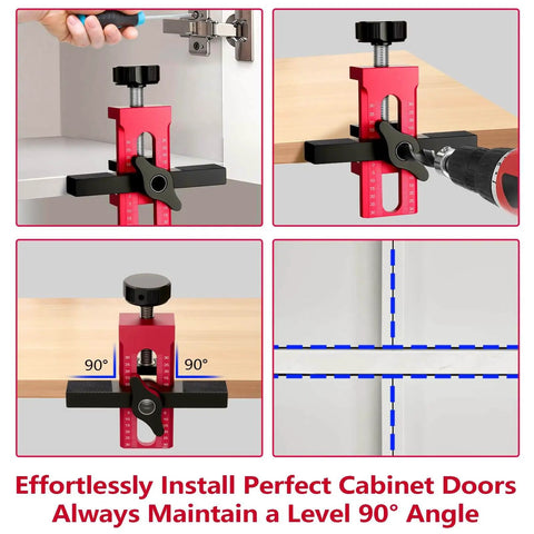 Adjustable Cabinet Door Installer Tool With Removable Base And Aluminum Alloy Construction shown clamping and positioning cabinet door.