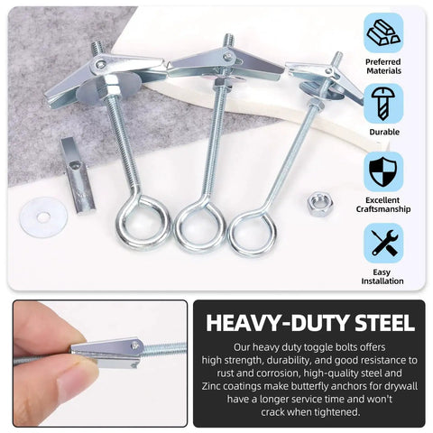 15 Piece M4 75mm O Shaped Eye Bolt Toggle Anchors Kit For Drywall Sheetrock Hollow Wall And Ceiling Installations Including Butterfly Anchors And Spring Toggle Wing Bolts Heavy Duty Zinc Coated Carbon Steel Construction For Long Lasting Support, showing toggle bolts and included components