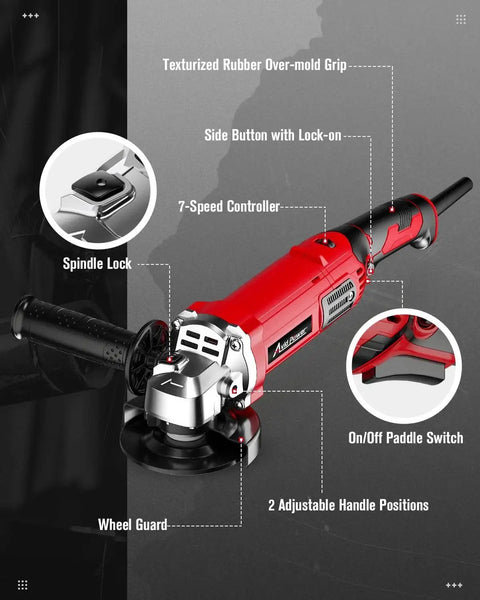4-1/2 inch red angle grinder with 1000W motor, 8 amp, 7 variable speeds, paddle switch, showing front and side view with features labeled