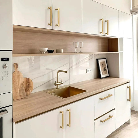 Modern kitchen with 10 Pack Champagne Bronze Knurled Cabinet Pulls, 5 Inch 128mm on white cabinets, featuring a sleek, stylish design.